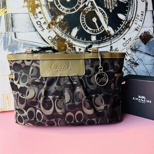 Coach Brown Signature Jacquard Tote with Tan Trim